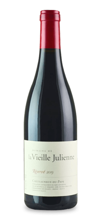 Domaine de la Vieille Julienne may not have the cachet of M. Chapoutier and or E. Guigal. And to that we say, pffffffttt. This sleepy estate has released 14 vintages of Réserve since 1994. Of those 14 wines, four have received perfect scores from Robert Parker’s Wine Advocate, including the 2019 vintage. Four more come dangerously close, notching either a 99 or 98-point rating.
A blend of 90 grenache with trace amounts of syrah and cinsault, the 2019 Réserve is another magical addition to the Domaine de la Vieille Julienne portfolio. It features fruit harvested from 100-year-old grenache vines, giving the final product richness, balance, and an impeccable finish. Red and black fruits gush from the core with layers of earthiness, Asian five-spice, licorice, and lavender following in close pursuit. As wine critic Jeb Dunnuck put it, “It’s a sexier, more opulent wine than the Les Hauts-Lieux release yet has the same perfect tannins that are so rare to find in the vintage.”
The Final Sip: Anyone hoping to find the next great wine from the Rhône should make space for this critically acclaimed red wine.
